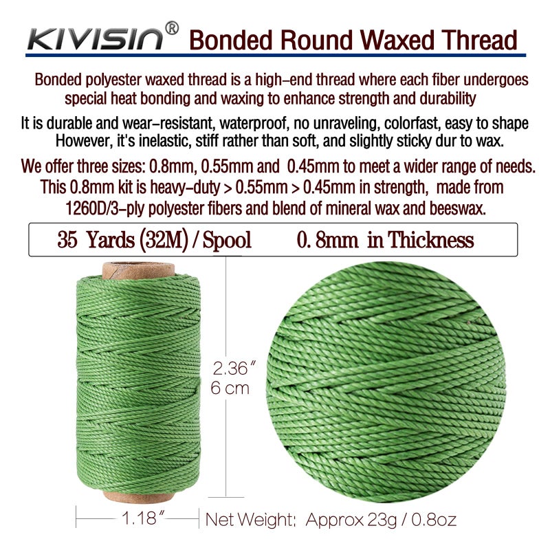 KIVISIN 12 Colored Round Waxed Thread 0.8mm, 35 Yards per Spool, 3 Ply Polyester Wax Cord Strings for Hand Sewing, Beading, Bookbinding, Basket Weaving, Micro Macrame Bracelets and Jewelry Making - Image 3