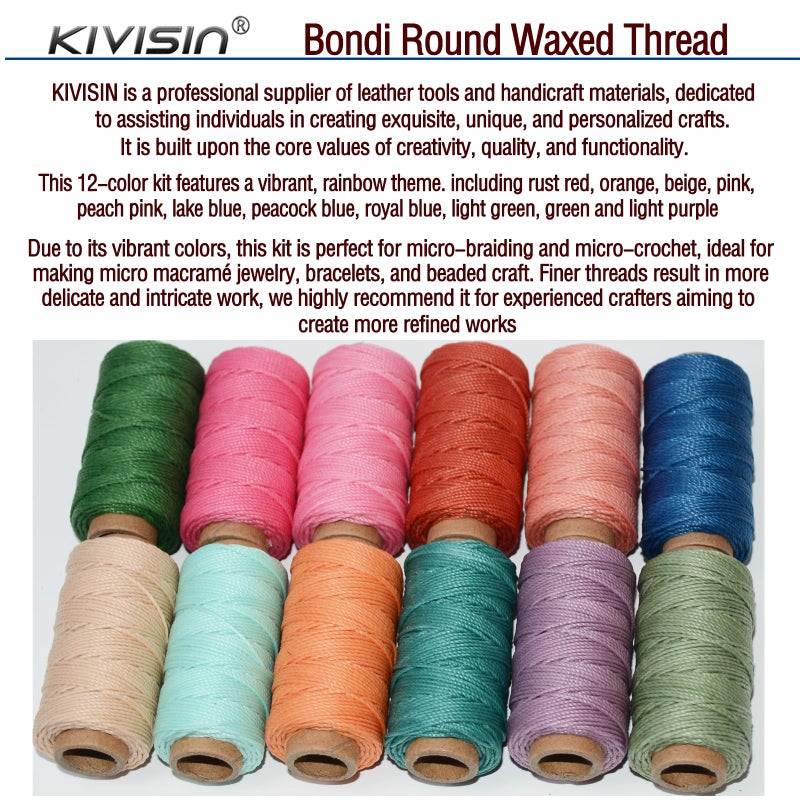 KIVISIN 12 Colored Round Waxed Thread 0.8mm, 35 Yards per Spool, 3 Ply Polyester Wax Cord Strings for Hand Sewing, Beading, Bookbinding, Basket Weaving, Micro Macrame Bracelets and Jewelry Making - Image 5