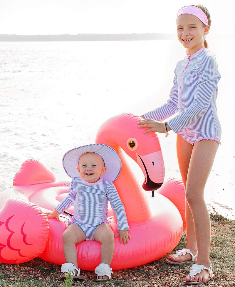 RuffleButts® Baby/Toddler Girls Long Sleeve One Piece Swimsuit - Blue Seersucker with UPF 50+ Sun Protection - 18-24m - Image 3