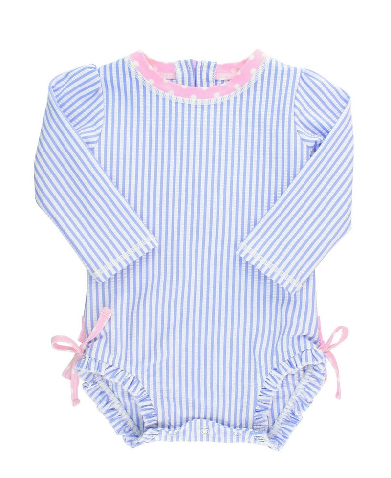 RuffleButts® Baby/Toddler Girls Long Sleeve One Piece Swimsuit - Blue Seersucker with UPF 50+ Sun Protection - 18-24m - Image 1