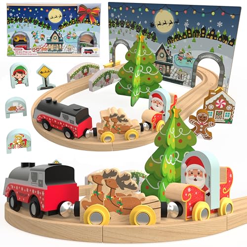 Orbrium Wooden Christmas Train Set Battery Operated Motorized Engine with Light Santa Sleigh Reindeer Gingerbread Elf Christmas Tree Holiday Toy Wooden Train Set Gift for Grandkids Toddlers Boys Girls Kids - Image 1