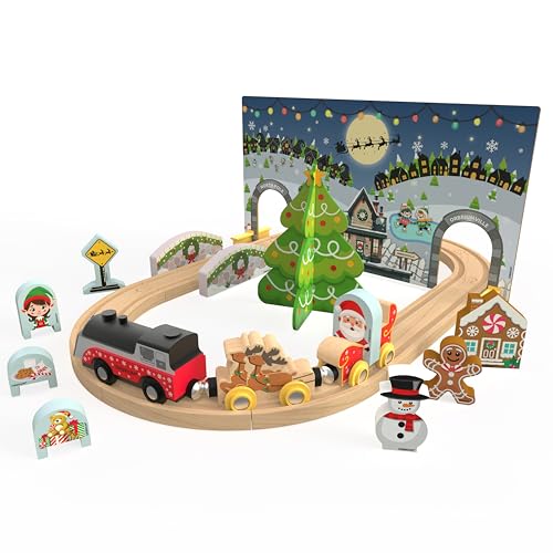 Orbrium Wooden Christmas Train Set Battery Operated Motorized Engine with Light Santa Sleigh Reindeer Gingerbread Elf Christmas Tree Holiday Toy Wooden Train Set Gift for Grandkids Toddlers Boys Girls Kids - Image 5