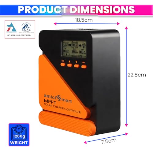 amiciSmart True MPPT Solar Charge Controller, 98% Efficiency Lithium Battery Regulator with 5V/3A USB Port, Max 1560W, 12V/24V (60A) - Image 2