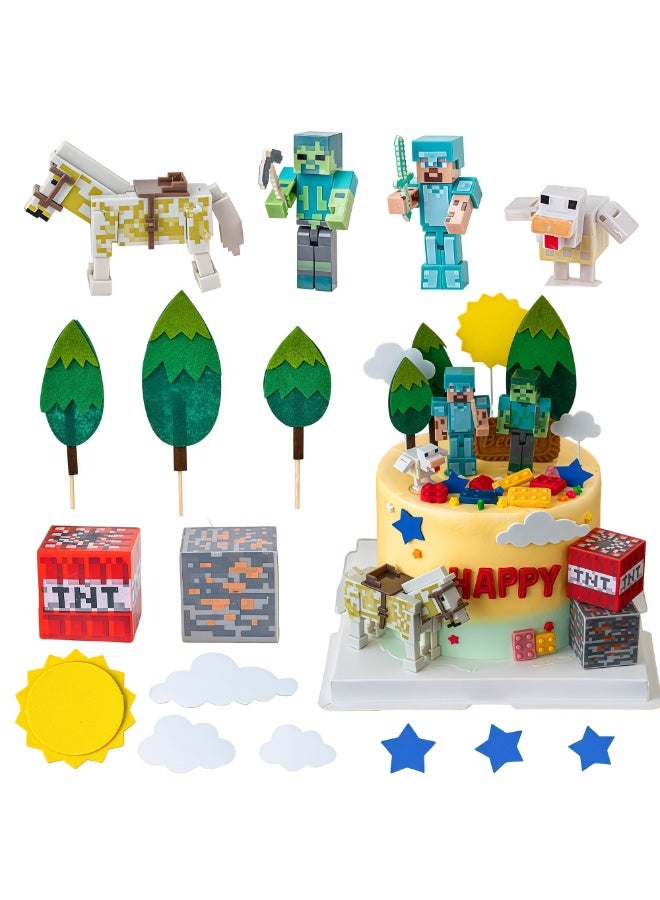 Minecraft Cake Toppers Set, 45PCS Pixels Birthday Cake Decorations with 6 PVC Figures, Felt Trees, Sun Clouds Stars, Game Theme Party Supplies for Minecraft Birthday Decorations - Image 1