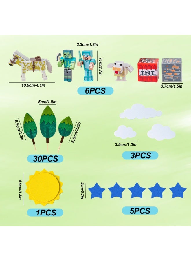 Minecraft Cake Toppers Set, 45PCS Pixels Birthday Cake Decorations with 6 PVC Figures, Felt Trees, Sun Clouds Stars, Game Theme Party Supplies for Minecraft Birthday Decorations - Image 2