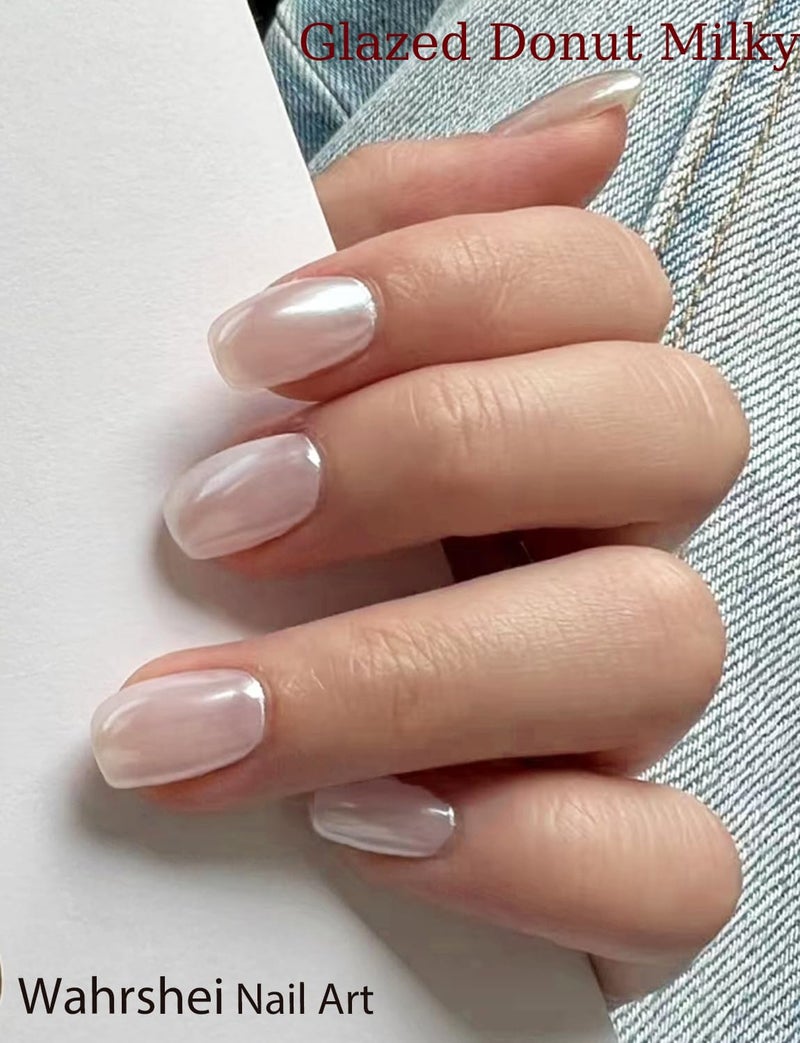 Wahrshei Semi Cured Gel Nail Strips, 20pcs Glazed Donut Milky, Pearl White Gel Nail Stickers for Home Nails DIY - Image 4