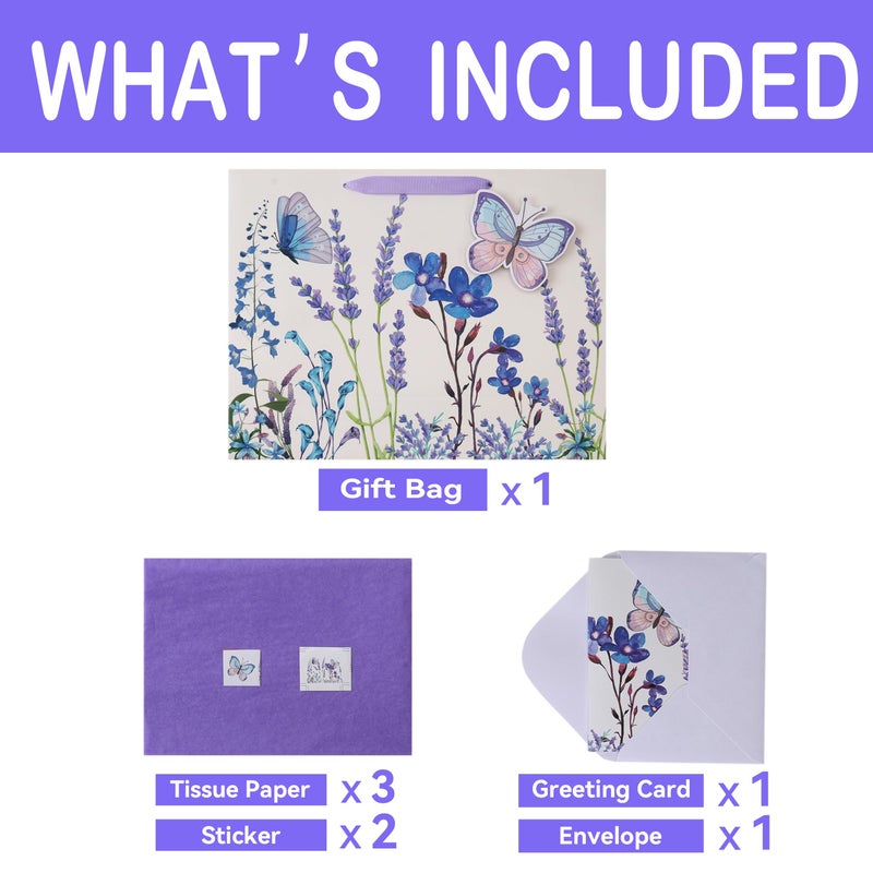 Qirrmiy 16.5" Extra Large Purple Gift Bag Set with Greeting Card and Tissue Papers (Lavender and 3D Butterfly) for Women's Birthday Party, Mothers' Day, Girls' or Kids', Wedding, Valentine's Day - Image 3