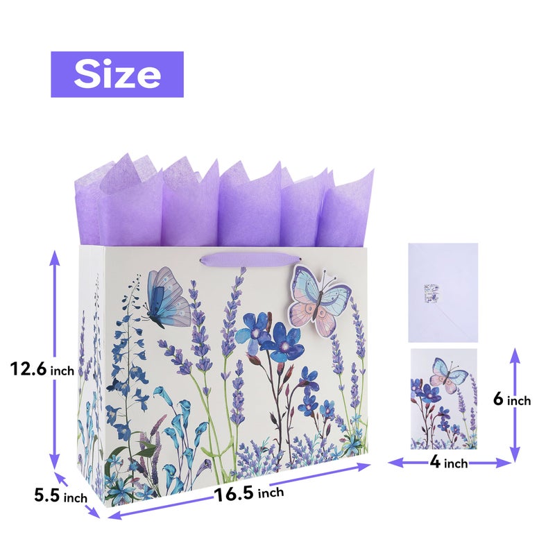 Qirrmiy 16.5" Extra Large Purple Gift Bag Set with Greeting Card and Tissue Papers (Lavender and 3D Butterfly) for Women's Birthday Party, Mothers' Day, Girls' or Kids', Wedding, Valentine's Day - Image 2