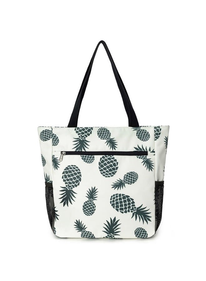 ETidy Large Capacity Foldable Tote Bag With Zipper Water-resistant Sandproof Women Beach Bag Handbag Gym Bag Travel Shopping Bag (Green Pineapple) - Image 2
