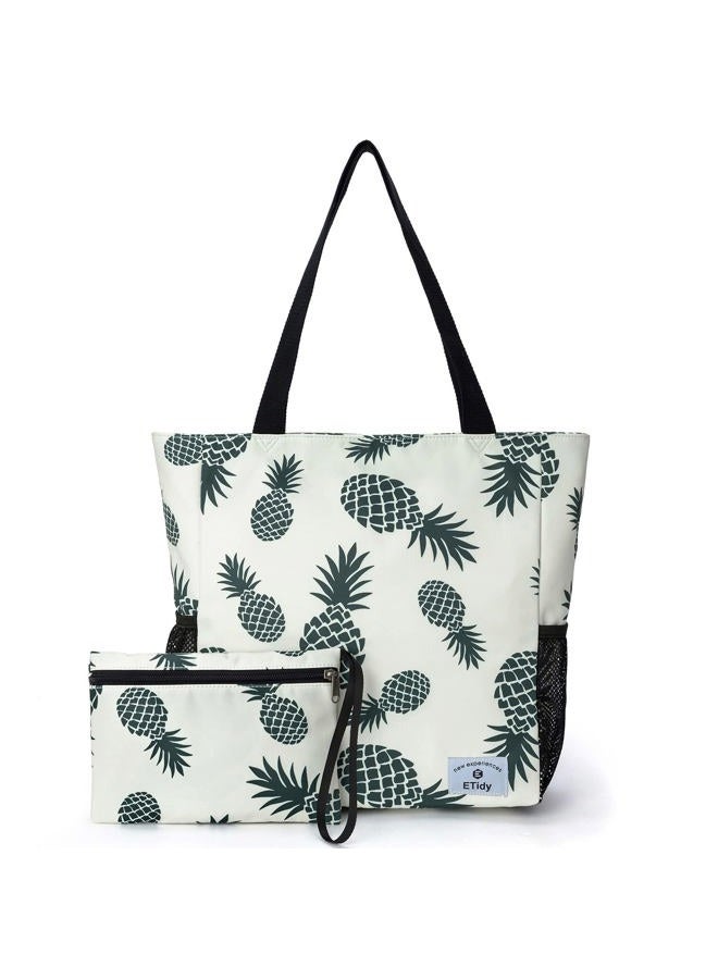 ETidy Large Capacity Foldable Tote Bag With Zipper Water-resistant Sandproof Women Beach Bag Handbag Gym Bag Travel Shopping Bag (Green Pineapple) - Image 1