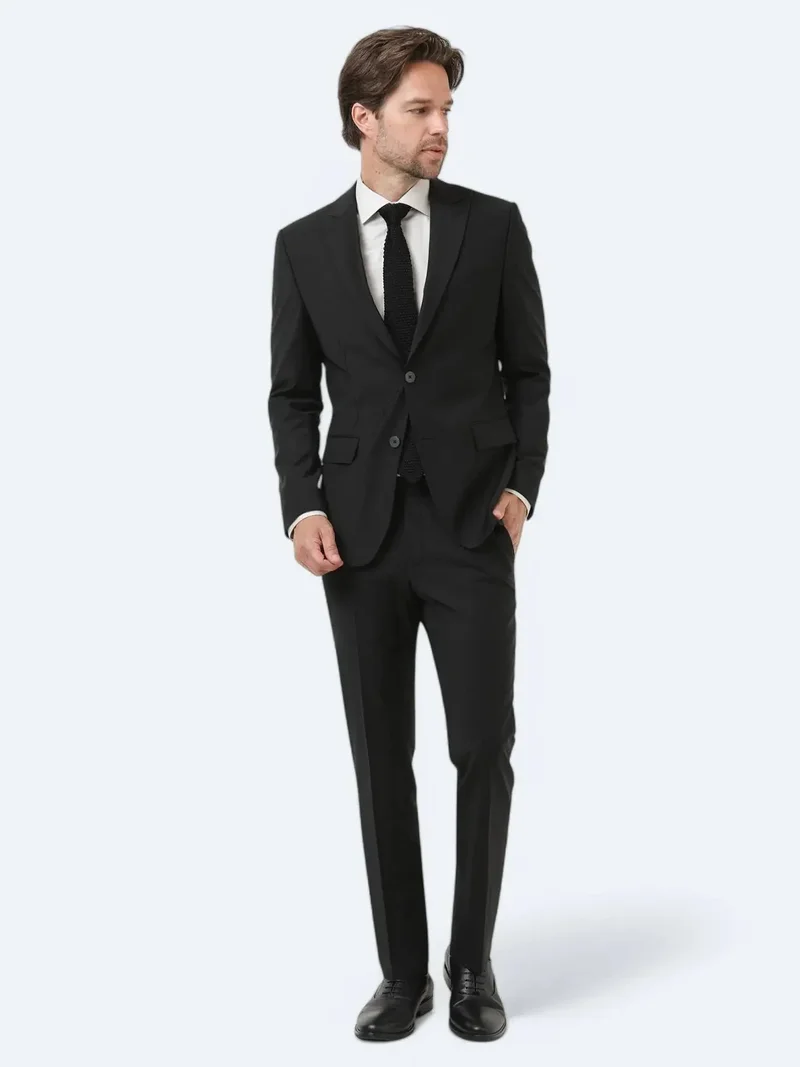 Kip Black Plain Modern Fit Wool Blended Suit