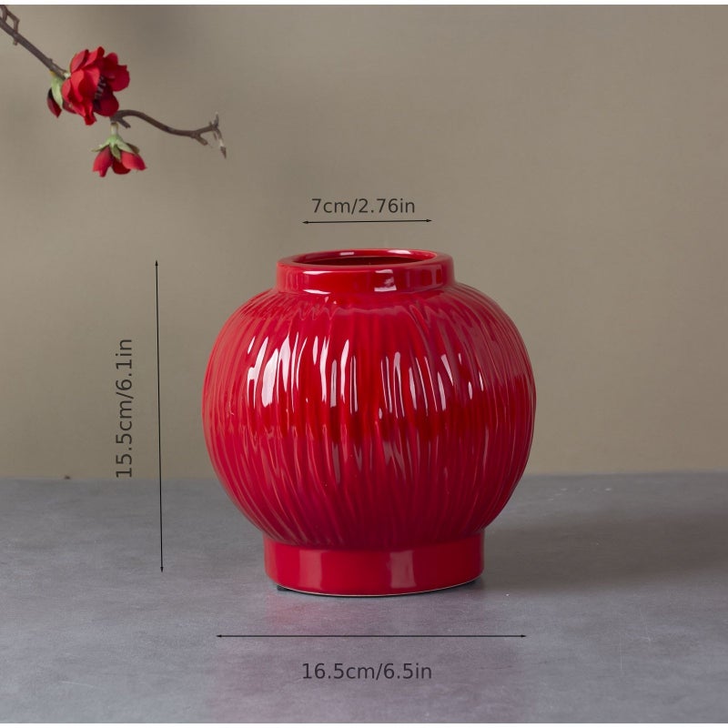 Red Chinese Chic Lantern-Shaped Vase Ceramic Flower Arrangement Home Decor - Image 3