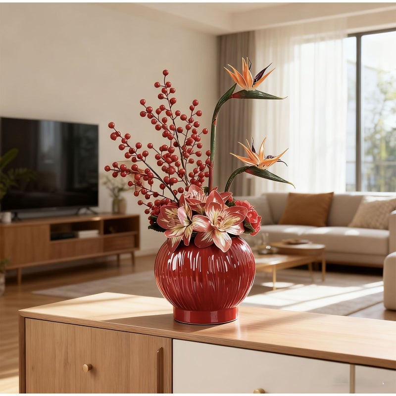 Red Chinese Chic Lantern-Shaped Vase Ceramic Flower Arrangement Home Decor - Image 4