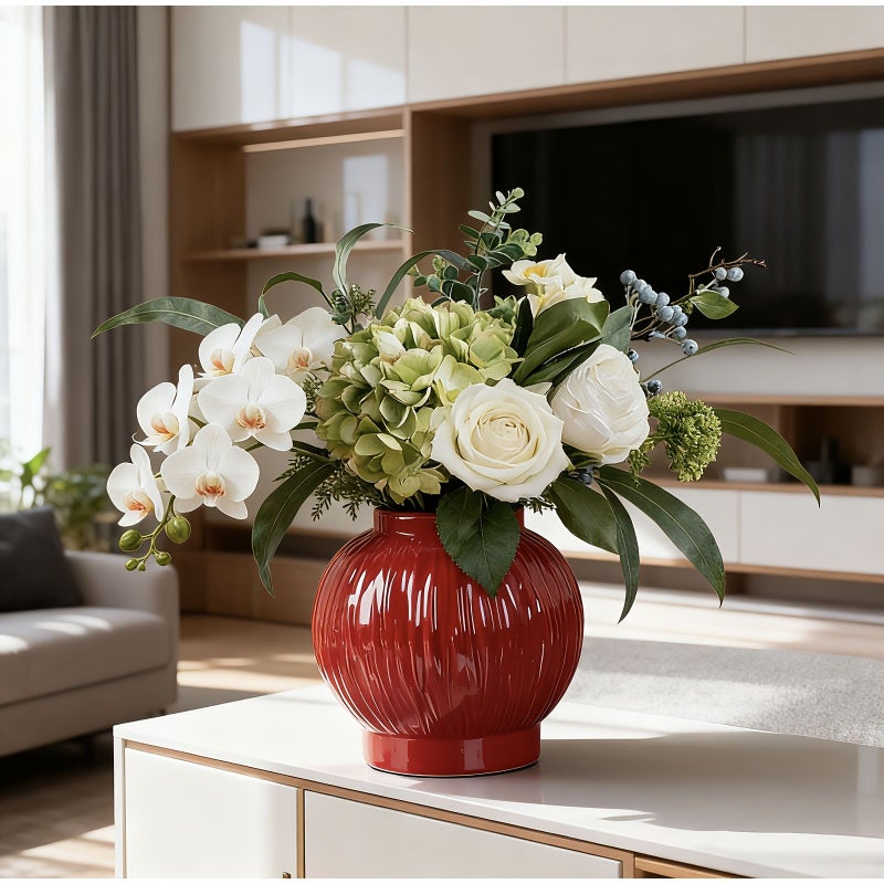 Red Chinese Chic Lantern-Shaped Vase Ceramic Flower Arrangement Home Decor - Image 2