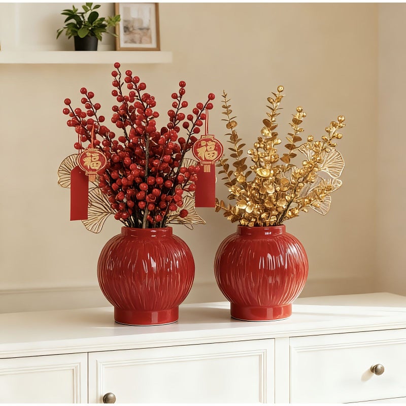 Red Chinese Chic Lantern-Shaped Vase Ceramic Flower Arrangement Home Decor - Image 1
