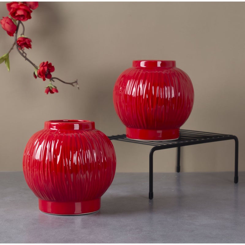 Red Chinese Chic Lantern-Shaped Vase Ceramic Flower Arrangement Home Decor - Image 5