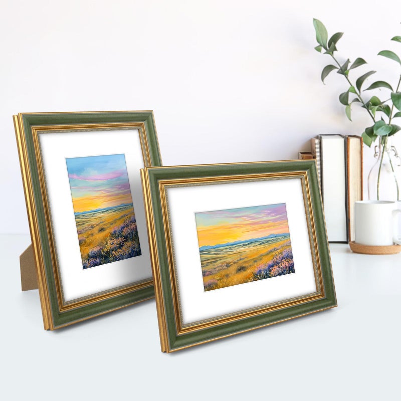Space Art Deco,8x10 Picture Frame for 5x7 Photo with Mat or 8x10 Artwork Without Mat, Real Glass & Wall Mounting or Tabletop(Green Gold) - Image 2