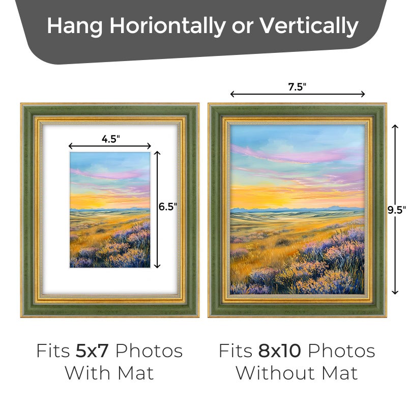 Space Art Deco,8x10 Picture Frame for 5x7 Photo with Mat or 8x10 Artwork Without Mat, Real Glass & Wall Mounting or Tabletop(Green Gold) - Image 4
