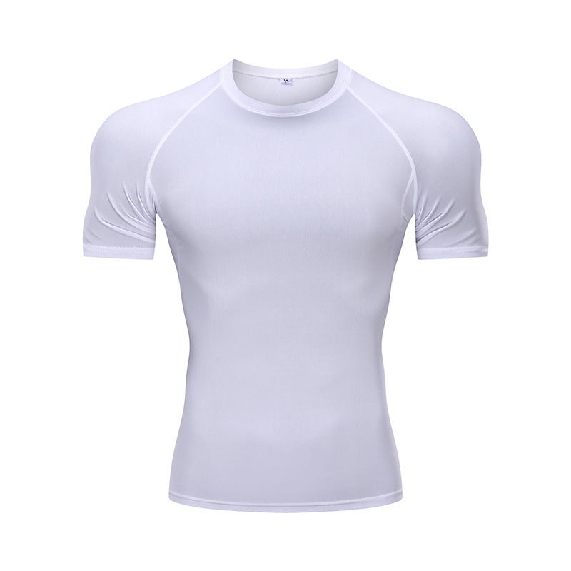 Generic Sports Fitness Clothes Mens Tight Quick-drying Short-sleeved Basketball Bottoming Football Running Training Fitness Compression Elastic T-shirt White