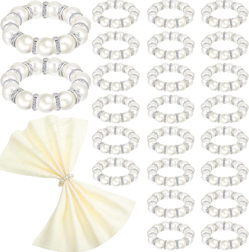 24 Pcs Silver Pearl Napkin Rings Weddings Beaded Napkin Rings Holder Stretched Rhinestone Serviette Rings Buckle Elastic Spring Napkin Rings for Dinner Reception Party Banquet Table Decor