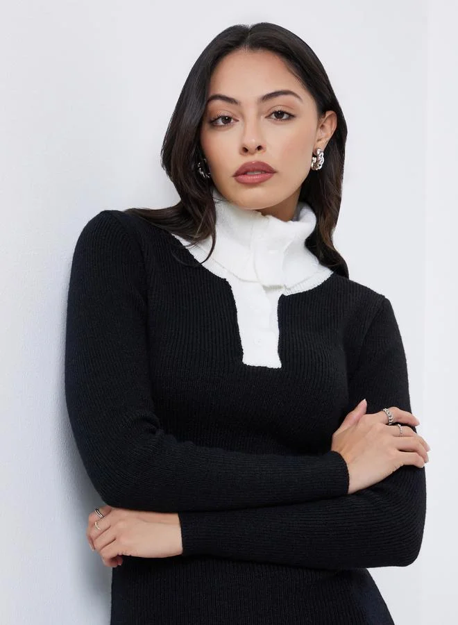 Styli Styli Black Ribbed Knit Sweater Midi Dress