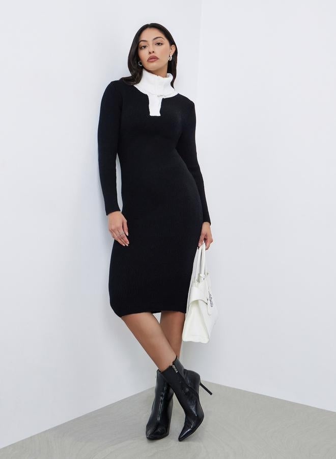 Styli Black Ribbed Knit Sweater Midi Dress - Image 2