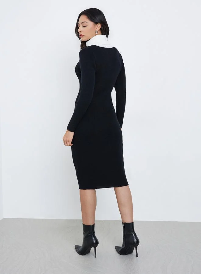 Styli Styli Black Ribbed Knit Sweater Midi Dress