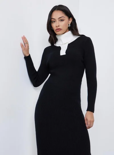 Styli Styli Black Ribbed Knit Sweater Midi Dress