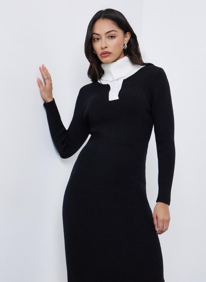 Styli Black Ribbed Knit Sweater Midi Dress - Image 1