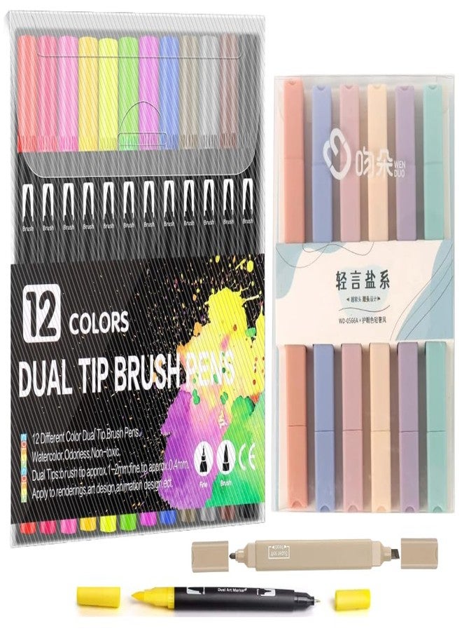 Corslet 18Pc Dual Tip Colour Markers Set - 12Pc Brush Pens 12 Shades & 6Pc Aesthetic Highlighter Pen Pastel Highlighter Set Sketch Colour Sketch Pen Set Calligraphy Brush Pen for Drawing & Sketching - Image 1