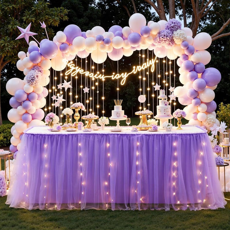 Shillance Store 6FT Purple Tulle Table Skirt for Rectangle or Round Tables Purple Tutu Table Skirt with LED Lights for Birthday Party Baby Shower Desk Skirt for Princess Wedding Banquet Cake Dessert Decorations - Image 1