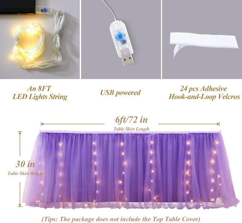 Shillance Store 6FT Purple Tulle Table Skirt for Rectangle or Round Tables Purple Tutu Table Skirt with LED Lights for Birthday Party Baby Shower Desk Skirt for Princess Wedding Banquet Cake Dessert Decorations - Image 5