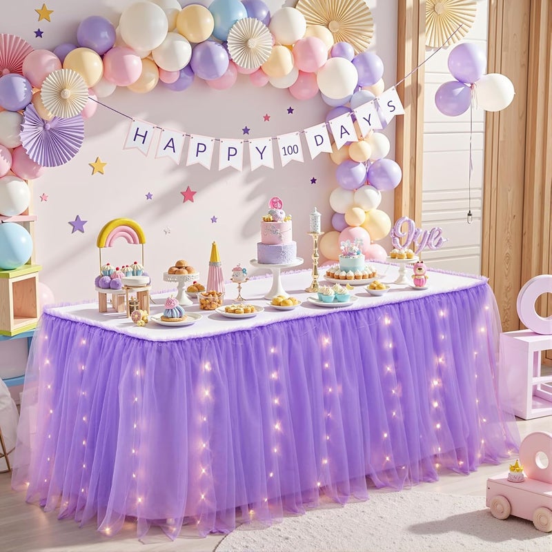 Shillance Store 6FT Purple Tulle Table Skirt for Rectangle or Round Tables Purple Tutu Table Skirt with LED Lights for Birthday Party Baby Shower Desk Skirt for Princess Wedding Banquet Cake Dessert Decorations - Image 3