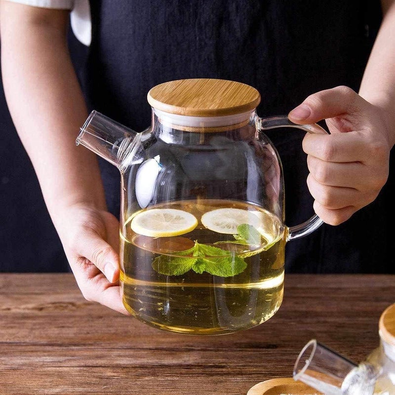 HARBAR HARBAR 1.8 Liter Glass Water Jug with Wooden Lid - Heat Resistant Glass Pitcher for Hot Water, Milk, Juice - 1800 ml Carafe for Dining Table(Pack of 1)  - Image 5