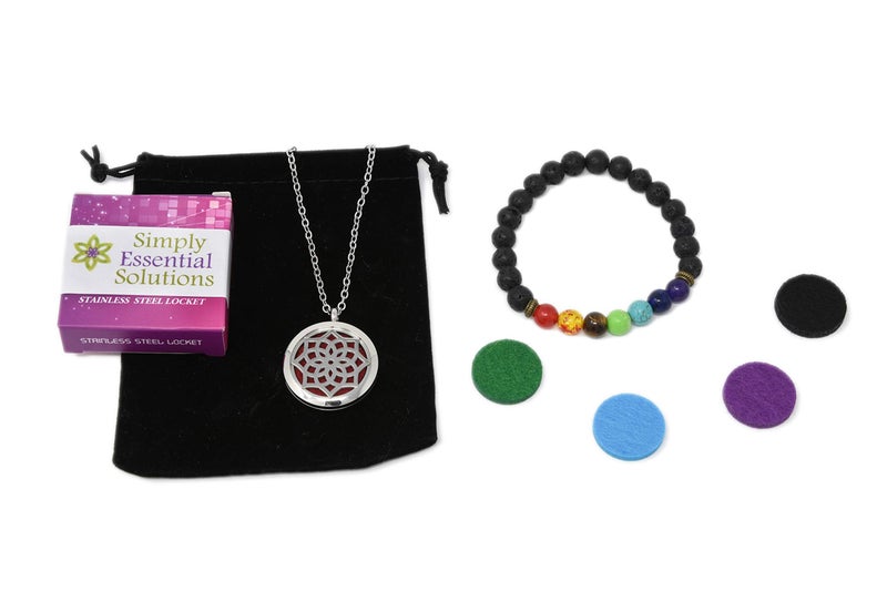 Simply Essential Solutions Aromatherapy Essential Oil Diffuser Stainless Steel 30MM Silver Locket Pendant 2 Sizes Chain Necklace, Refill Pads & Diffuser Bracelet in a Velvet Bag (flower2) - Image 4