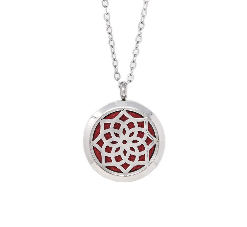 Simply Essential Solutions Aromatherapy Essential Oil Diffuser Stainless Steel 30MM Silver Locket Pendant 2 Sizes Chain Necklace, Refill Pads & Diffuser Bracelet in a Velvet Bag (flower2) - Image 1