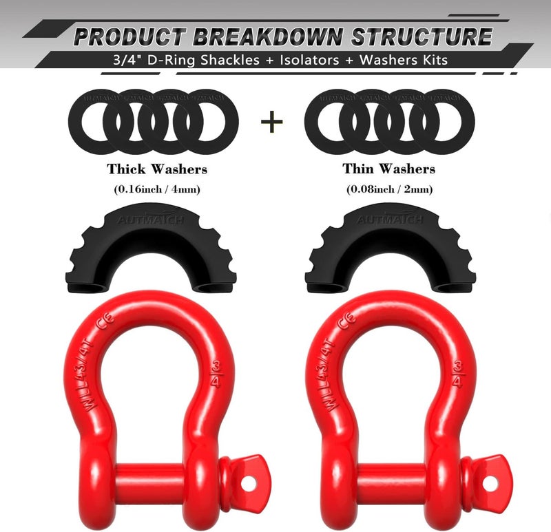 AUTMATCH D Ring Shackle 3/4" Shackles (2 Pack) 41,887Ibs Break Strength - Clevis Shackles with 7/8" Screw Pin and Shackle Isolator Washers Kit for Tow Strap Winch Off Road Vehicle Recovery, Red - Image 2