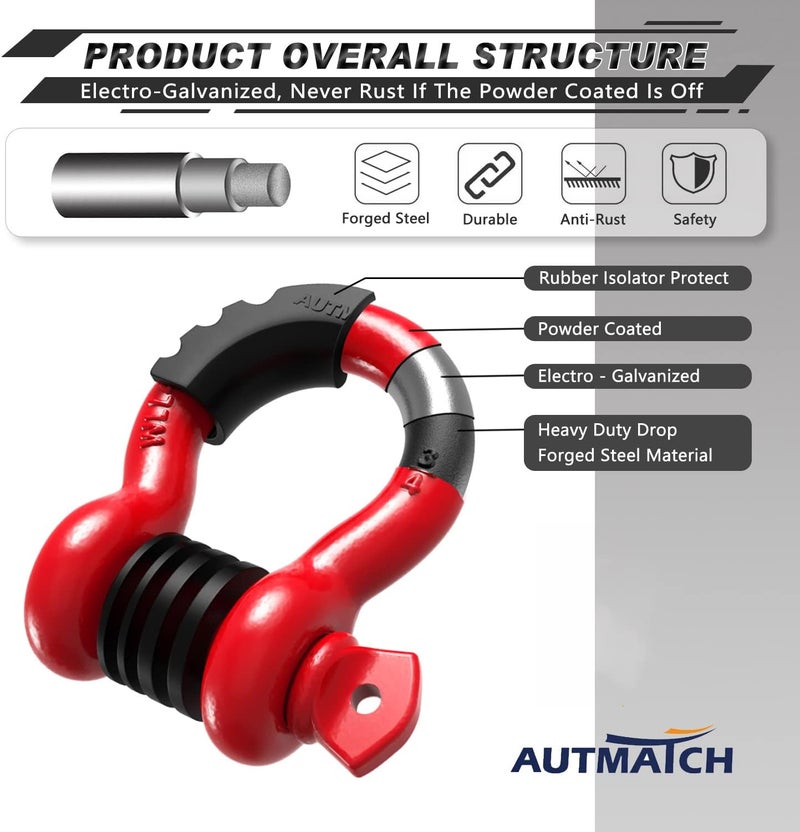 AUTMATCH D Ring Shackle 3/4" Shackles (2 Pack) 41,887Ibs Break Strength - Clevis Shackles with 7/8" Screw Pin and Shackle Isolator Washers Kit for Tow Strap Winch Off Road Vehicle Recovery, Red - Image 4