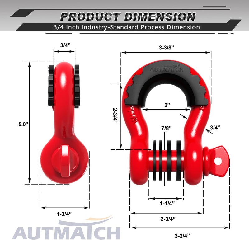 AUTMATCH D Ring Shackle 3/4" Shackles (2 Pack) 41,887Ibs Break Strength - Clevis Shackles with 7/8" Screw Pin and Shackle Isolator Washers Kit for Tow Strap Winch Off Road Vehicle Recovery, Red - Image 3