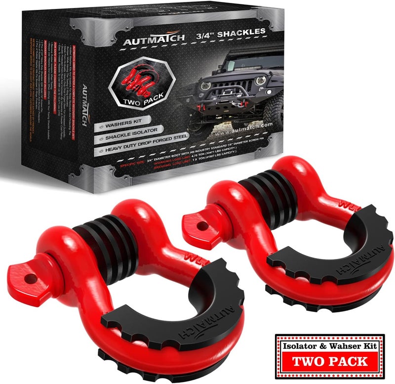 AUTMATCH D Ring Shackle 3/4" Shackles (2 Pack) 41,887Ibs Break Strength - Clevis Shackles with 7/8" Screw Pin and Shackle Isolator Washers Kit for Tow Strap Winch Off Road Vehicle Recovery, Red - Image 1