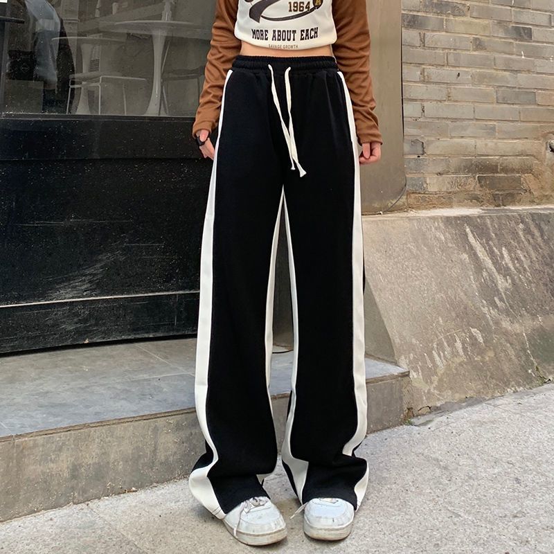 American Style High Street Casual Sports Pants Womens Straight High Waist All-match Loose Drawstring Black and White Stripe Stitching Sweatpants Autumn K09 Black 