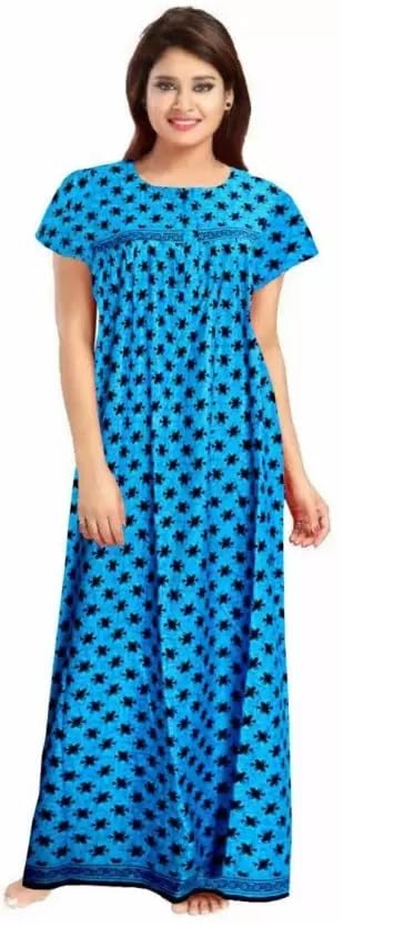 PNAEONG Women's Printed Cotton Nighty, Gown Maxi - Free Size Blue - Image 5
