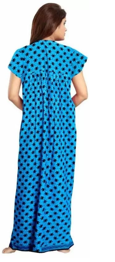 PNAEONG Women's Printed Cotton Nighty, Gown Maxi - Free Size Blue - Image 3