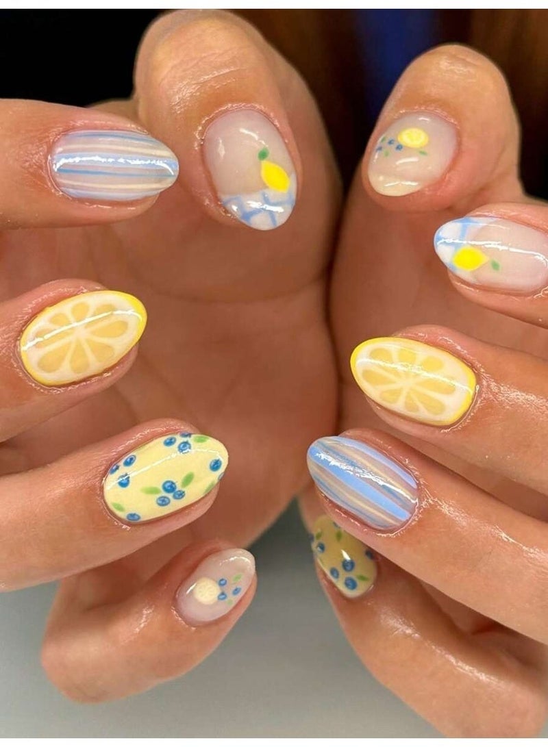 Artificial Press-On Nails 24 PCS Summer Fruit Design – Lemon & Berry Pattern Fake Nails with Stripes, Reusable & Easy Apply - Image 1