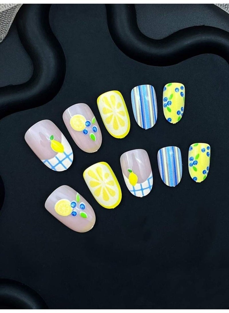 Artificial Press-On Nails 24 PCS Summer Fruit Design – Lemon & Berry Pattern Fake Nails with Stripes, Reusable & Easy Apply - Image 2