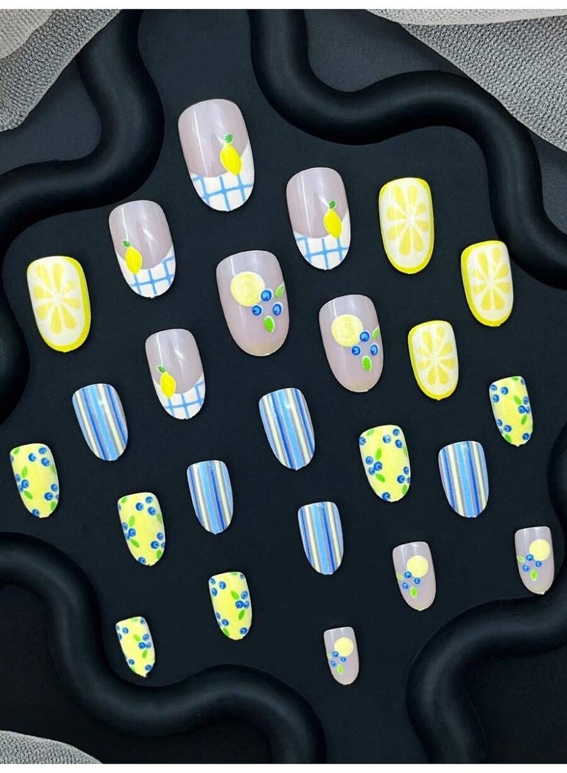 Artificial Press-On Nails 24 PCS Summer Fruit Design – Lemon & Berry Pattern Fake Nails with Stripes, Reusable & Easy Apply - Image 3