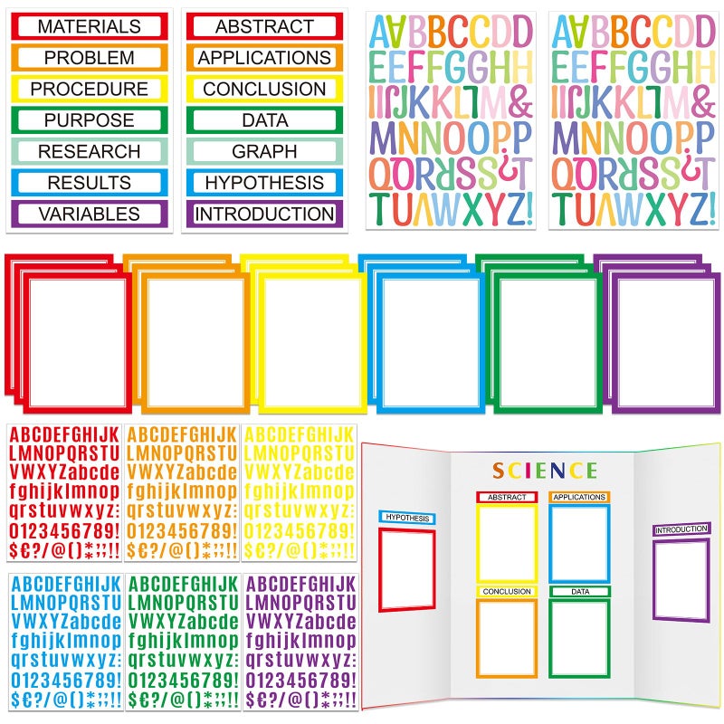 PerKoop 36 Sheets Science Fair Board Poster Boards Supplies 24 Self Adhesive Presentation Subtitles 4 Science Fair Project Titles 8 Personalized Letter Sticker for ClassroomColorful