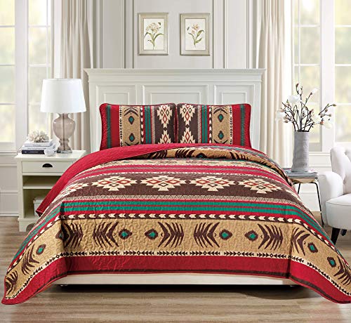 Rugs 4 Less Western Southwestern Native American Tribal Navajo Design Oversize Quilted Bedspread in Brown Green and Burgundy Mojave KingCalKing