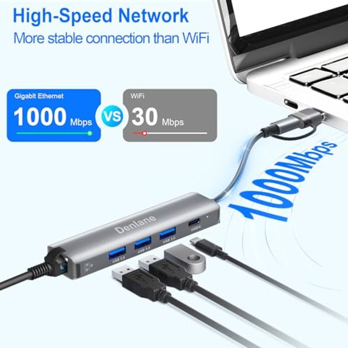Denlane Usb C Usb 3.0 To Ethernet Adapter, 5 In 2 Gigabit Usb Ethernet Hub For Laptop With 4-Port Usb-A 3.0 And Usbc, 1000Mbps Rj45 Lan Network Adapter Compatible With Macbook/Ipad Pro/Phone/Tablet - Image 3