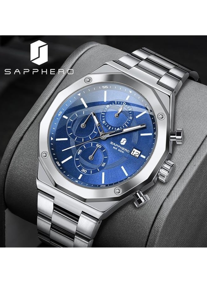 Sapphero - Watch for Men Stainless Steel Mens Watches Waterproof Analog Quartz Movement Wrist Watch Gifts for Men - Image 1